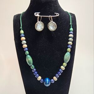 Vintage Glass Earrings Wooden Bead Necklace Set Dark Green and Blue with Cream